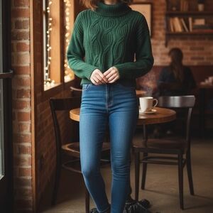 Green Cable Knit Turtleneck Sweater